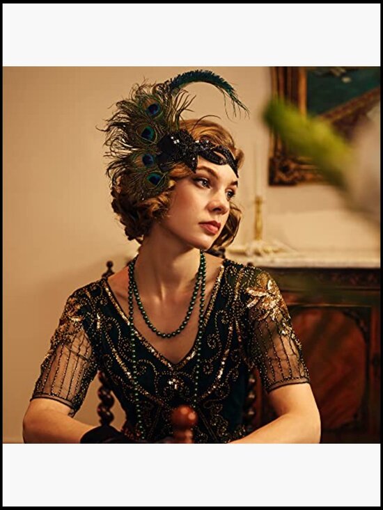 Peacock Feather Flapper Headband Gatsby Showgirl Sequined Headpiece Vintage